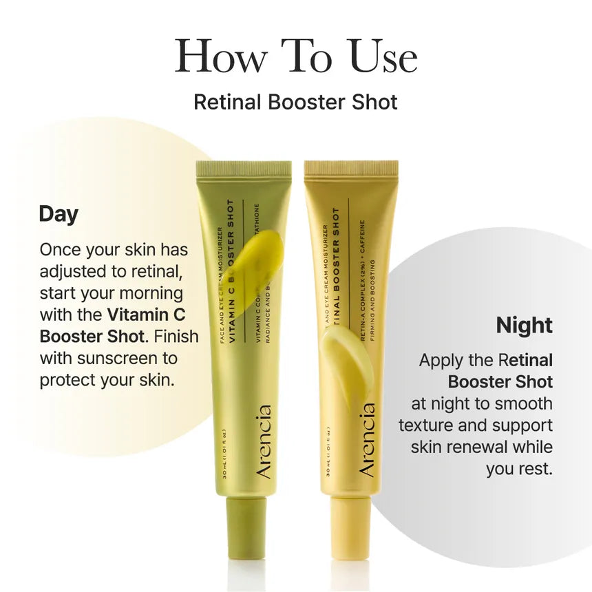 Two Arancia vitamin c and retinol booster shots skincare products with usage instructions on a white background