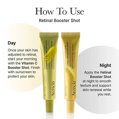 Two Arancia vitamin c and retinol booster shots skincare products with usage instructions on a white background