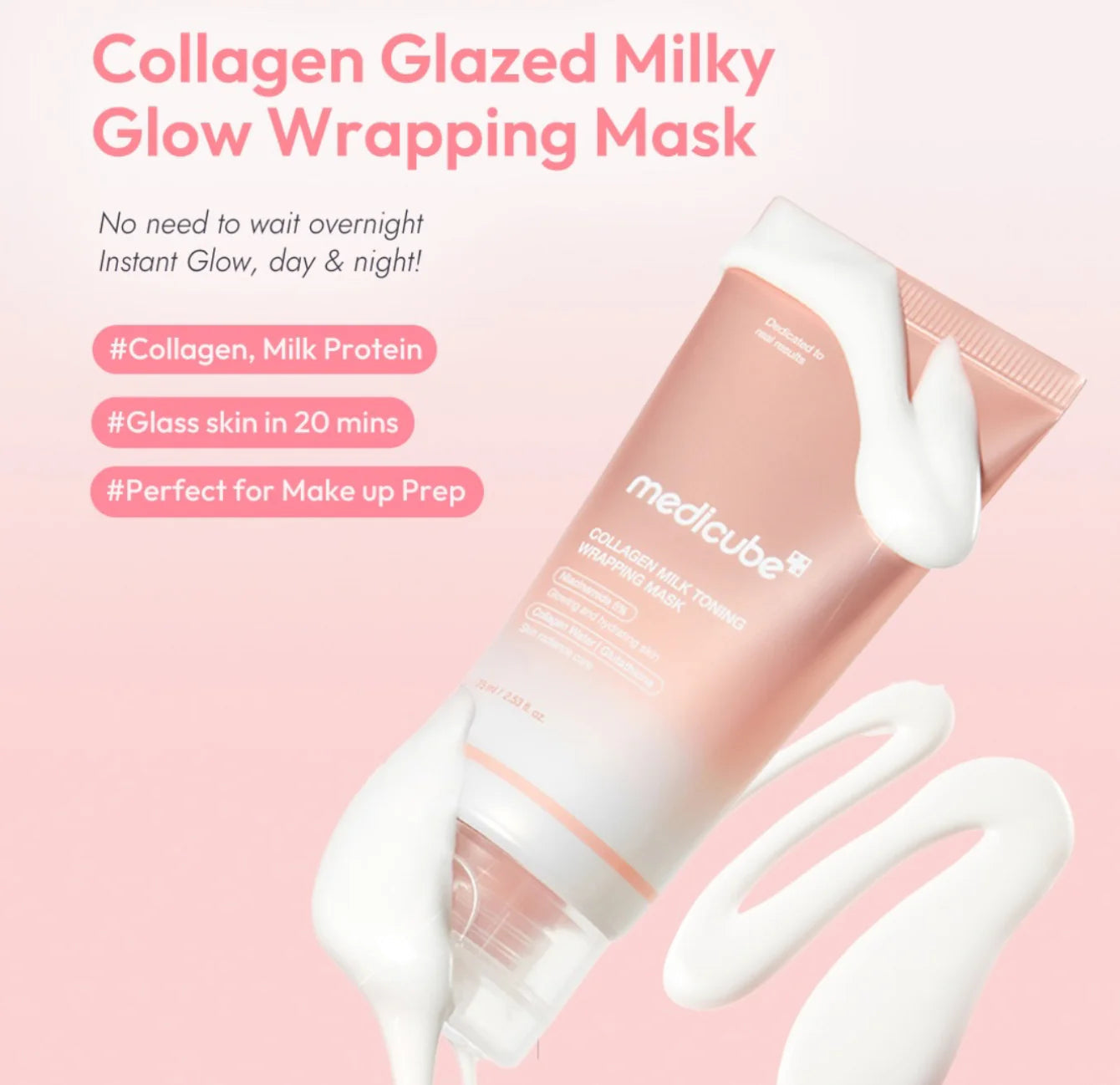 Medicube Collagen Milk Toning Wrapping Mask 75ml Korean 20-minute peel-off face mask with 5% Niacinamide, Collagen Water, Glutathione and Milk Protein for plump, hydrated and radiant skin in UAE.