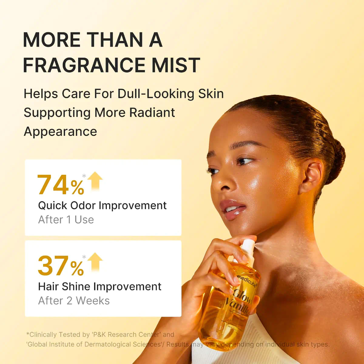 A woman holds a bottle of hair and skin care spray against a warm beige background with promotional text. The image includes claims such as 'More than a fragrance mist' and percentage improvements for odor and hair shine.