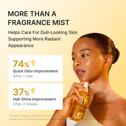 A woman holds a bottle of hair and skin care spray against a warm beige background with promotional text. The image includes claims such as 'More than a fragrance mist' and percentage improvements for odor and hair shine.