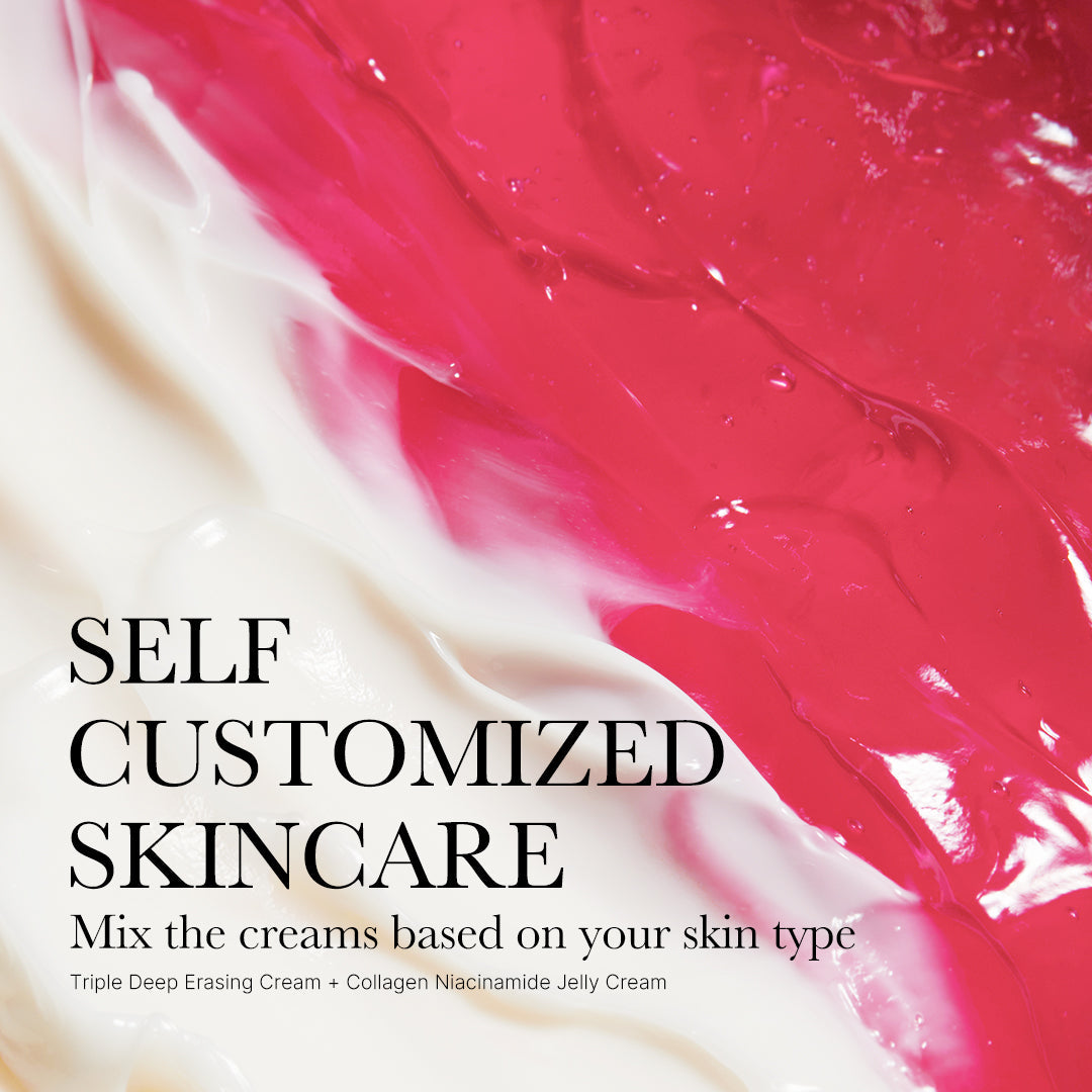 Pink and white creams with text about self-customized skincare