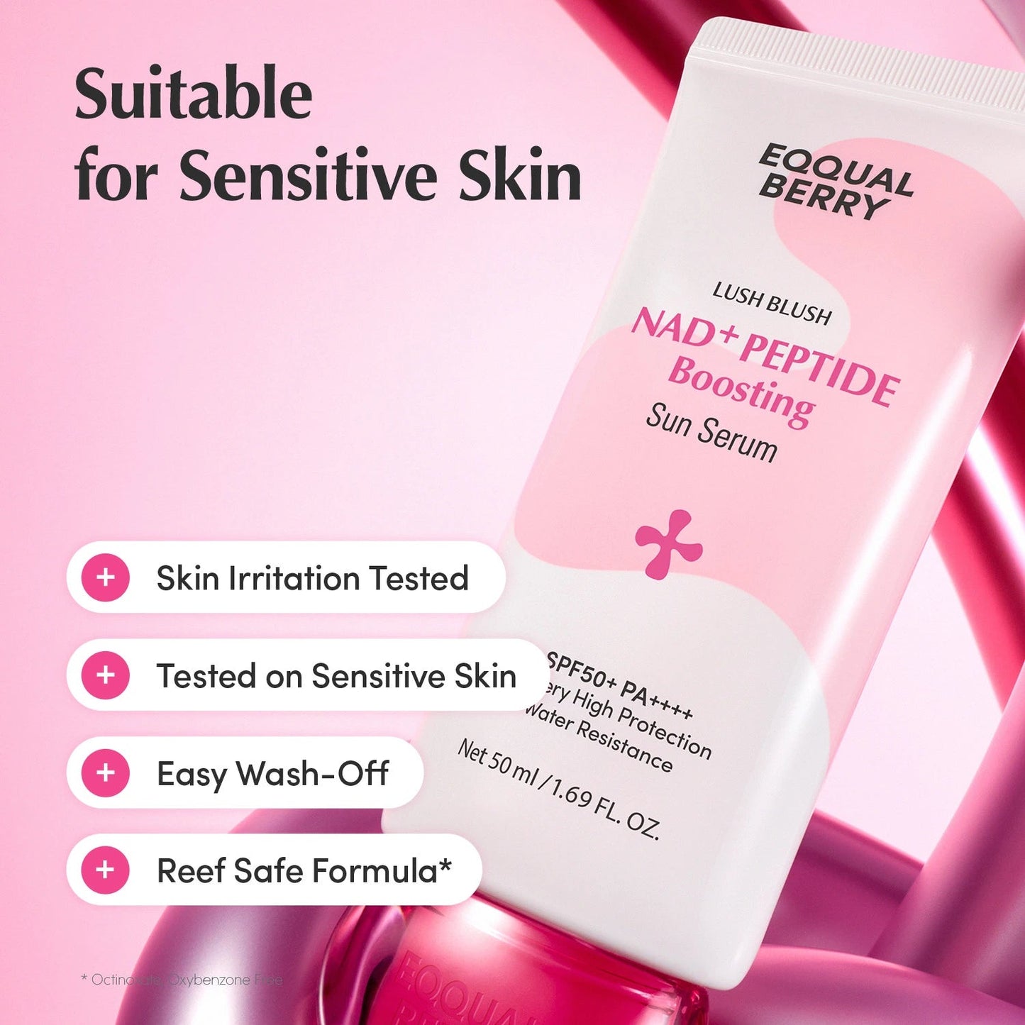 EQQUALBERRY Lush Blush NAD+ Peptide Boosting Sun Serum SPF50+ PA++++ 50ml water-resistant Korean sunscreen with NAD+, Peptides, Niacinamide, Collagen and Ceramide for lightweight UV protection and radiant skin in UAE.