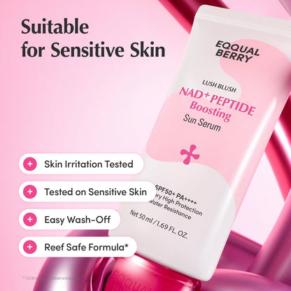 EQQUALBERRY Lush Blush NAD+ Peptide Boosting Sun Serum SPF50+ PA++++ 50ml water-resistant Korean sunscreen with NAD+, Peptides, Niacinamide, Collagen and Ceramide for lightweight UV protection and radiant skin in UAE.