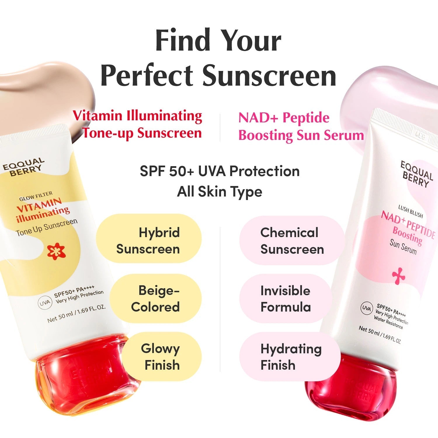 EQQUALBERRY Lush Blush NAD+ Peptide Boosting Sun Serum SPF50+ PA++++ 50ml water-resistant Korean sunscreen with NAD+, Peptides, Niacinamide, Collagen and Ceramide for lightweight UV protection and radiant skin in UAE.