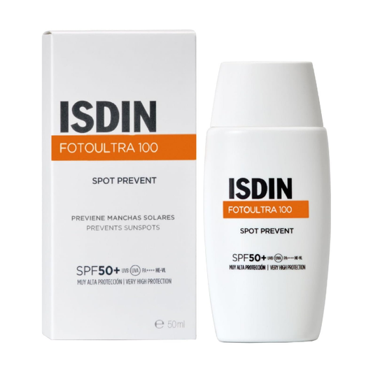 ISDIN Fotoultra 100 Spot Prevent SPF 50+ 50mL bottle with packaging