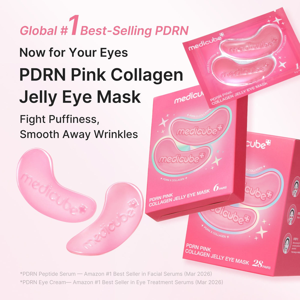 Medicube PDRN Pink Collagen Jelly Eye Mask 6 Pairs with Salmon DNA PDRN, Collagen and NAD+ for under-eye puffiness, hydration, dark circles and fine-line care in UAE.