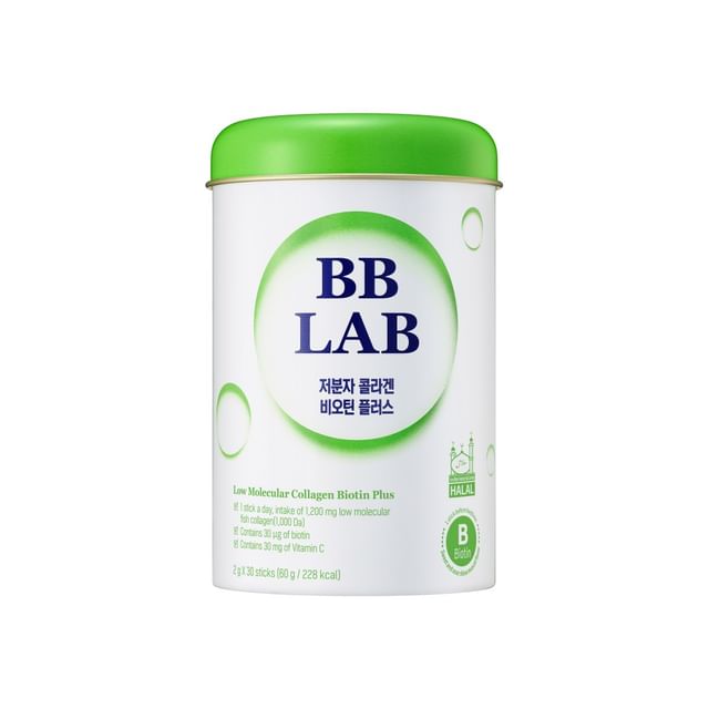 BB LAB Low Molecular Collagen Biotin Plus Korean powder supplement with 1,200K-Belle Bliss fish collagen, 30μg Biotin and 30K-Belle Bliss Vitamin C in 30 daily sticks available in UAE.