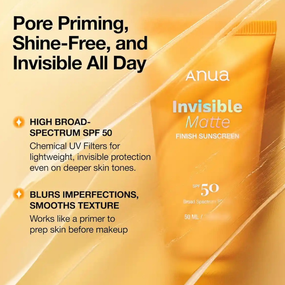 Anua Invisible Matte Finish Sunscreen SPF50 PA++++ 50ml Korean facial sunscreen with no white cast, sebum control and pore-blurring matte finish available in UAE.