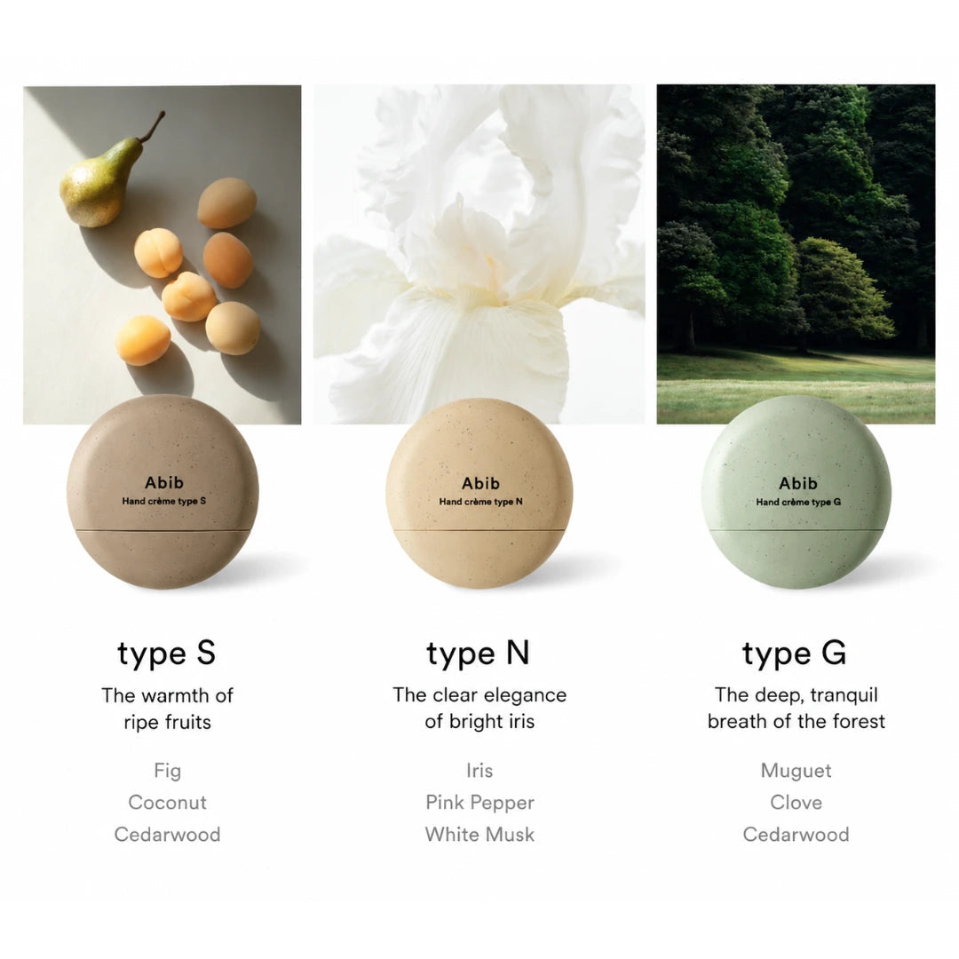 Abib Hand Crème Type G 50ml Korean moisturizing hand cream with Glycerin and Panthenol, featuring Muguet, Clove, Cedarwood, Patchouli and Musk fragrance in UAE.