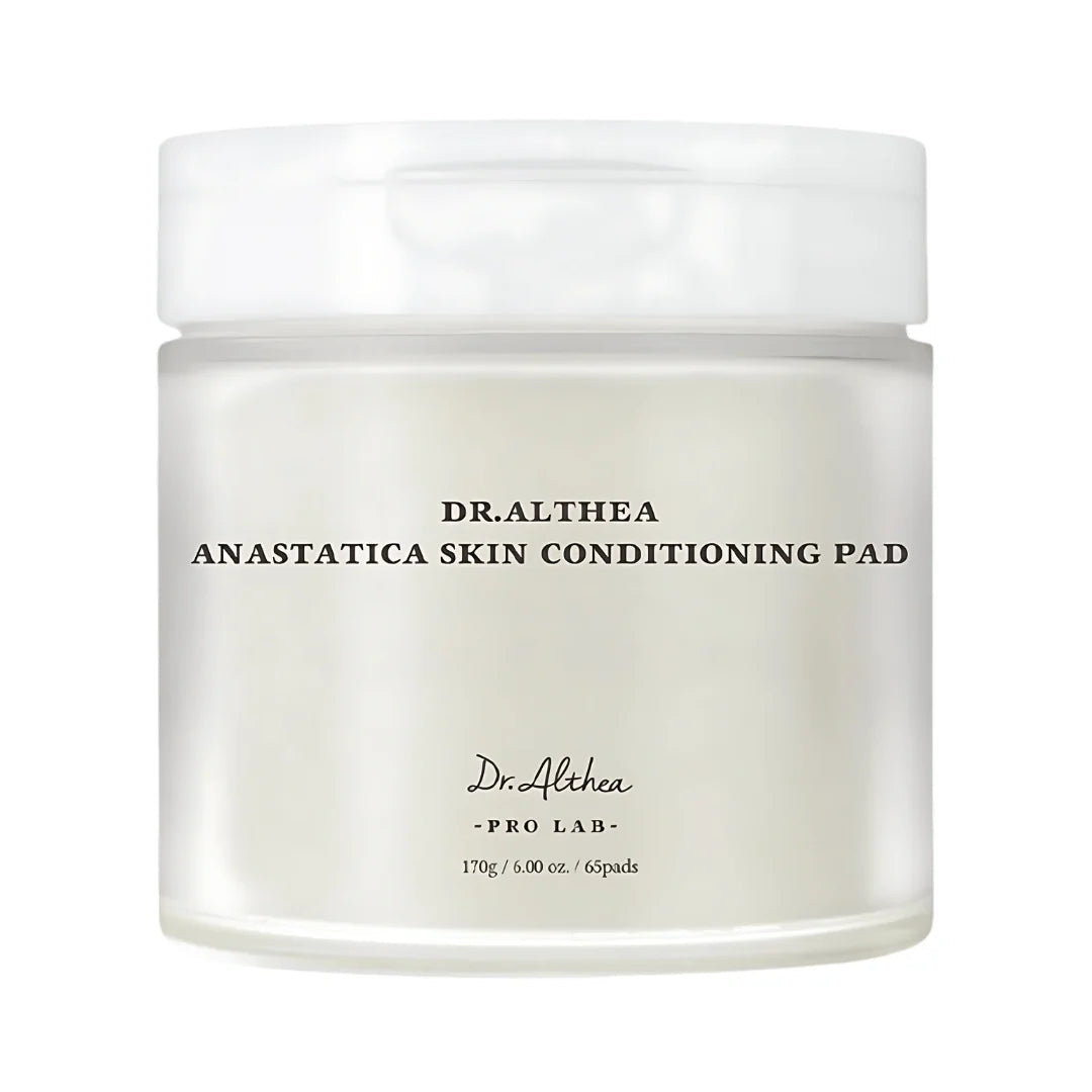 Dr. Althea Anastatica Skin Conditioning Pad jar with 65 double-sided Korean toner pads featuring Rose of Jericho and Hyaluronic Acid for hydrating, soothing and refining dry skin in UAE.