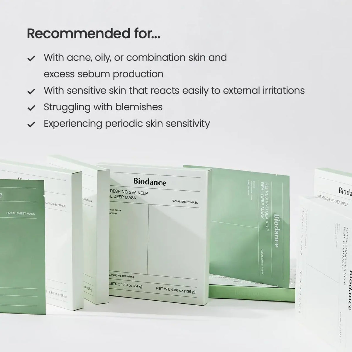 many biodance refreshing sea kelp real deep face masks are placed together