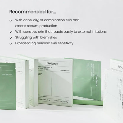 many biodance refreshing sea kelp real deep face masks are placed together