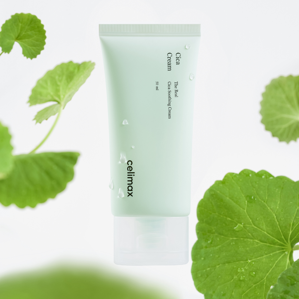 celimax The Real Cica Soothing Cream 50mL tube with fresh cica leaves
