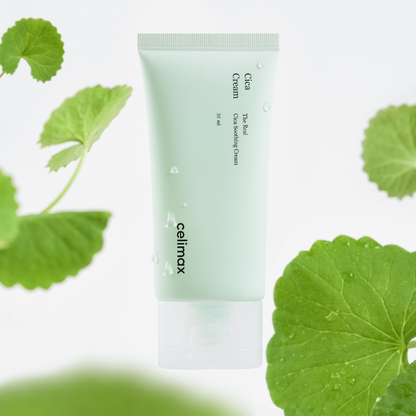 celimax The Real Cica Soothing Cream 50mL tube with fresh cica leaves
