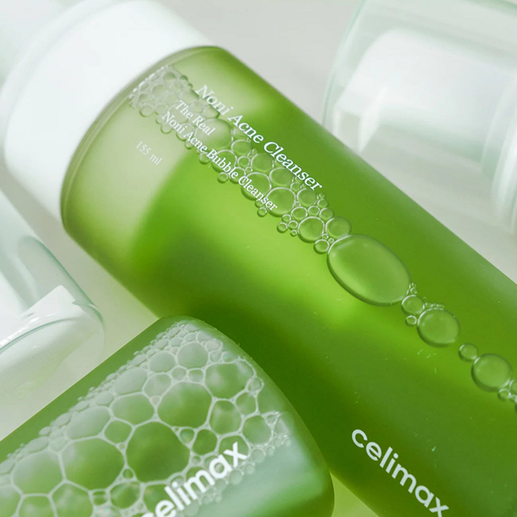 close-up of celimax Noni Acne Cleanser bottle