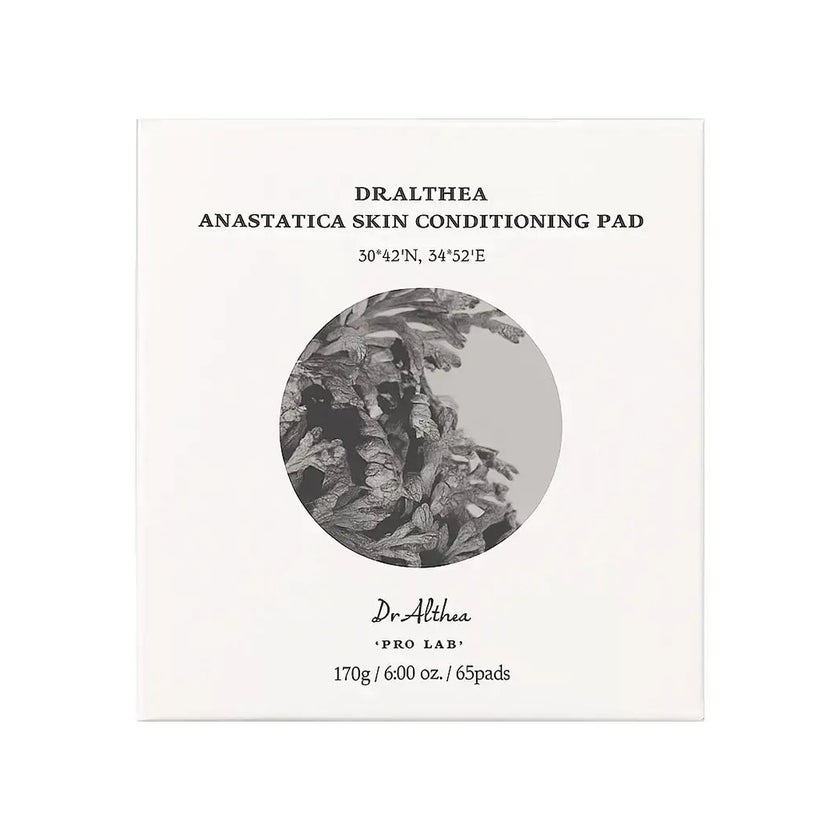 Dr. Althea Anastatica Skin Conditioning Pad jar with 65 double-sided Korean toner pads featuring Rose of Jericho and Hyaluronic Acid for hydrating, soothing and refining dry skin in UAE.