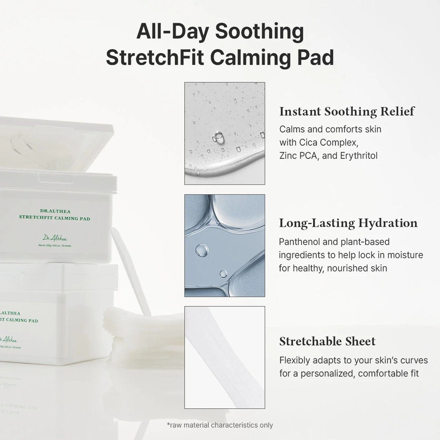 Dr. Althea StretchFit Calming Pad 50 stretchable Korean toner sheets with 1% Panthenol, Cica Complex, Zinc PCA and cooling Erythritol for soothing hydration and sensitive-skin care in UAE.