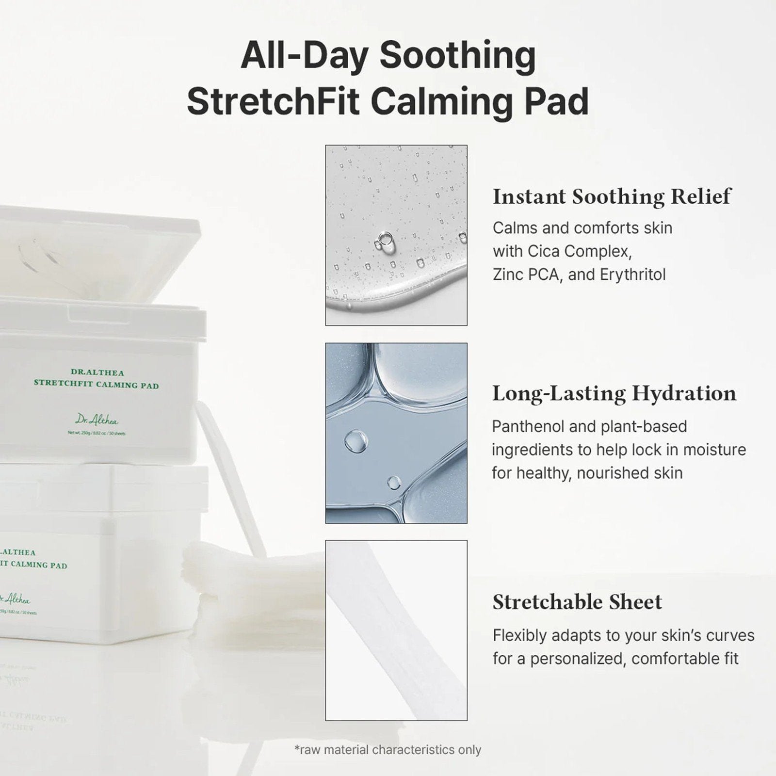 Dr. Althea StretchFit Calming Pad 50 stretchable Korean toner sheets with 1% Panthenol, Cica Complex, Zinc PCA and cooling Erythritol for soothing hydration and sensitive-skin care in UAE.
