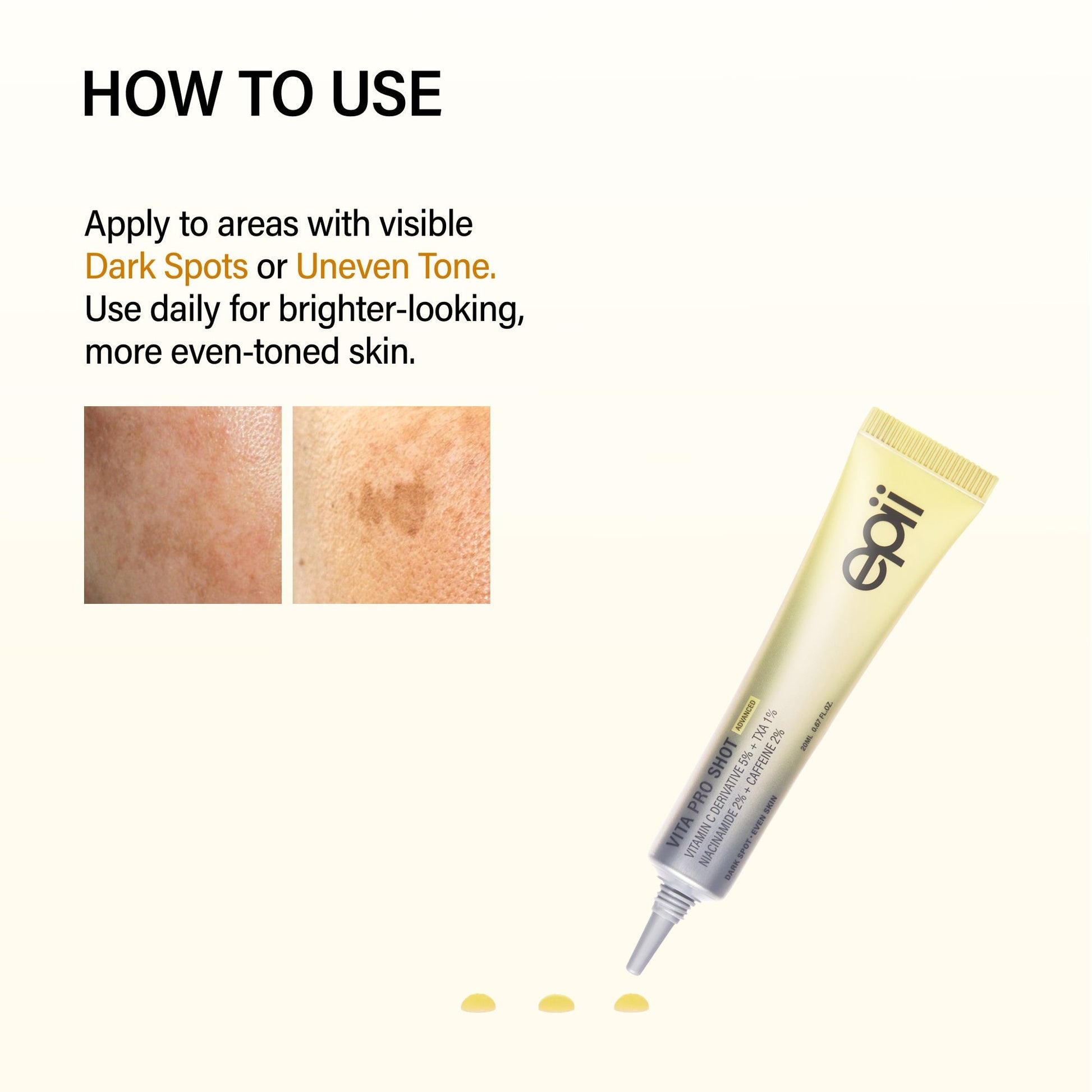 epii Vita Pro Shot Advanced 20ml Korean dark spot serum with 5% Vitamin C derivative, Caffeine, Niacinamide and Tranexamic Acid for brighter, even-looking skin in UAE.