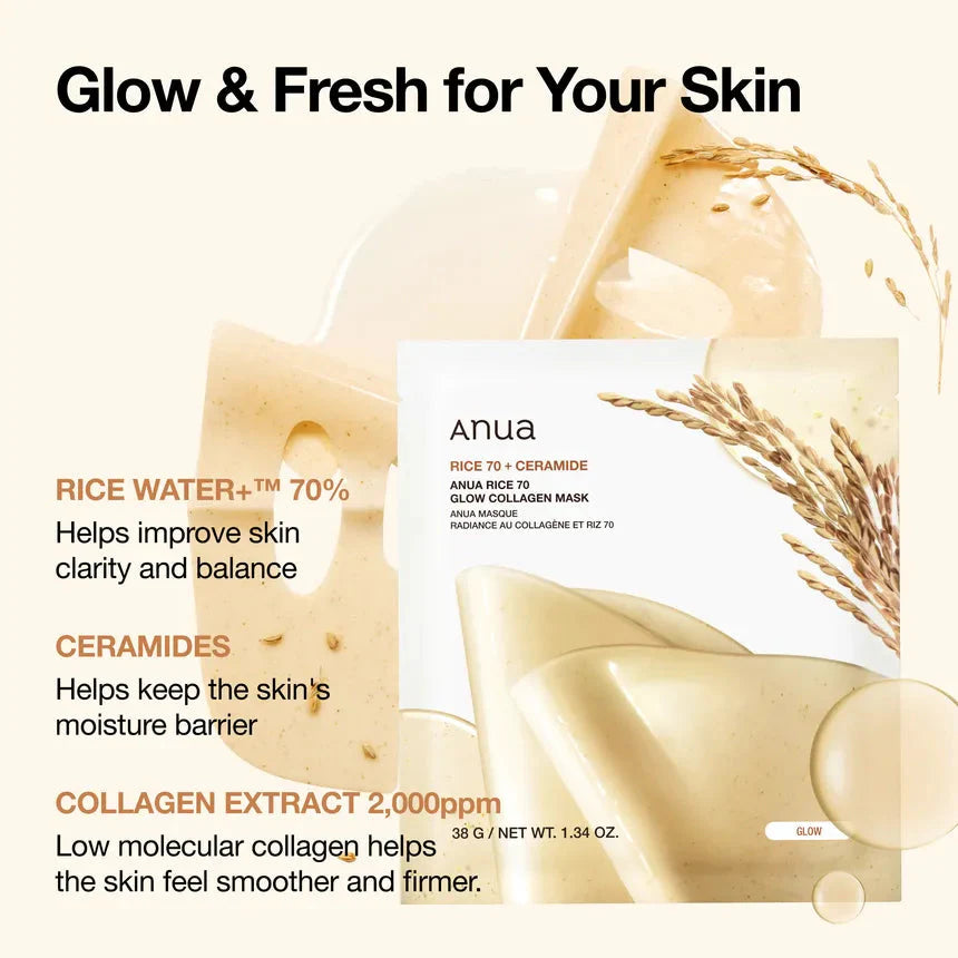 Anua Rice 70+ Ceramide Glow Collagen Mask (38g x 4 Packs) Anua