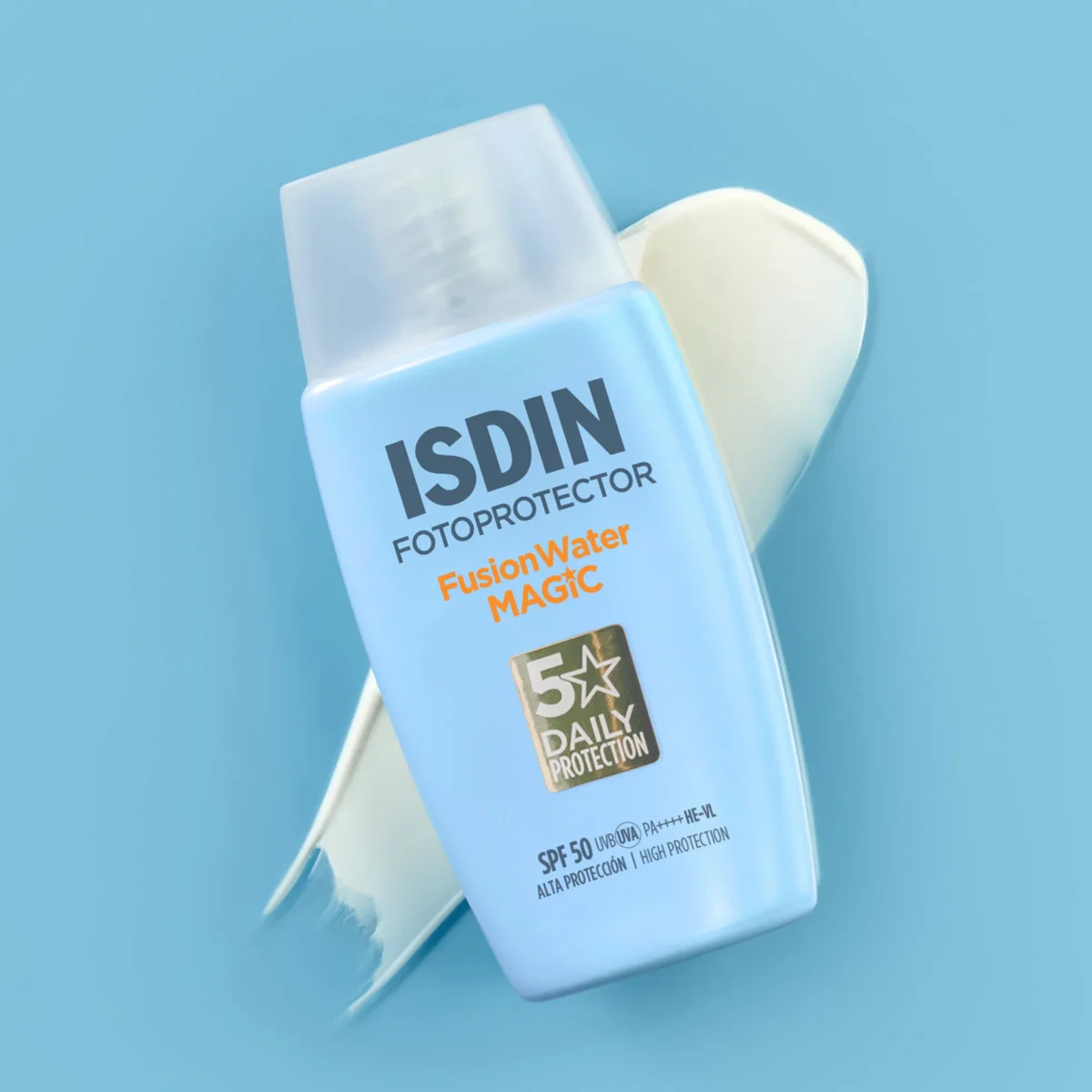 ISDIN Fusion Water Magic SPF50 bottle with product swatch