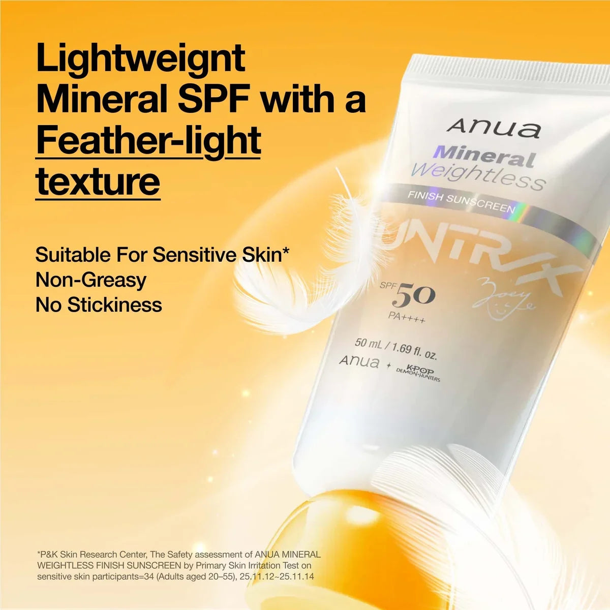 Anua Mineral Weightless Finish Sunscreen SPF50 PA++++ 50ml KPop Demon Hunters Zoey Edition with Zinc Oxide, Panthenol, Allantoin and Ceramide for sensitive-skin mineral UV protection in UAE.