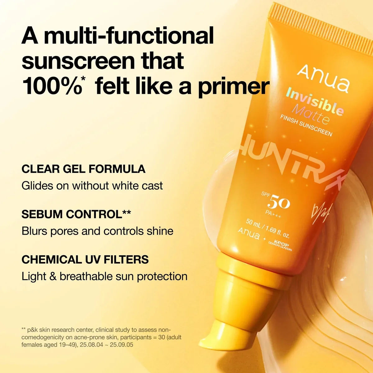 Anua Invisible Matte Finish Sunscreen SPF50+ PA++++ 50ml KPop Demon Hunters Mira Edition fragrance-free Korean sunscreen with no white cast, sebum control and pore-blurring matte finish in UAE.