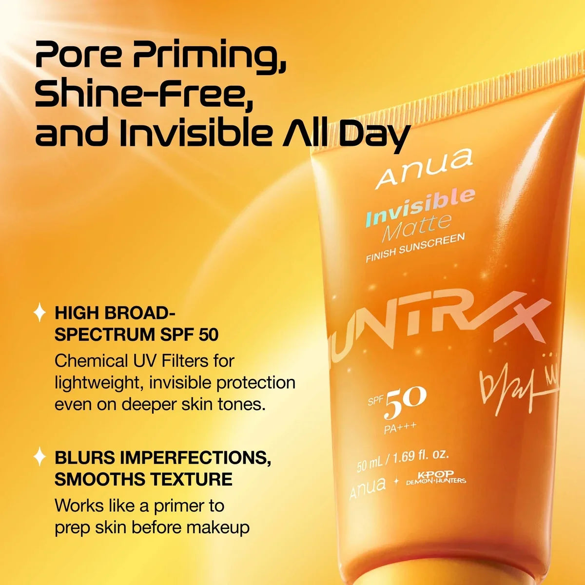 Anua Invisible Matte Finish Sunscreen SPF50 50ml KPop Demon Hunters Mira no white cast matte sunscreen UAE
