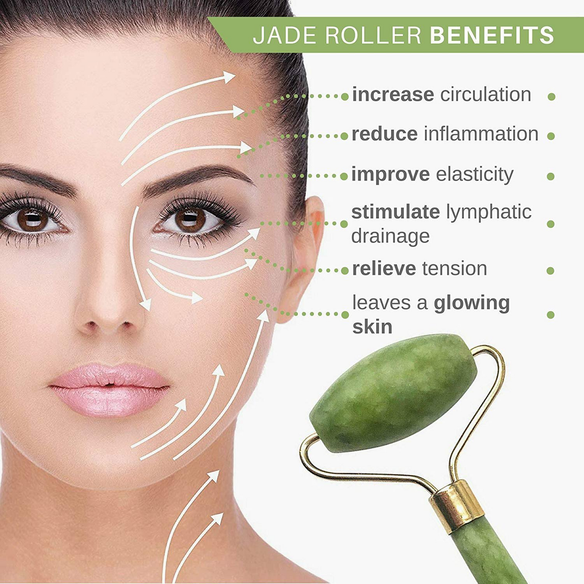 face of a woman and Jade Roller Facial Tool on its side