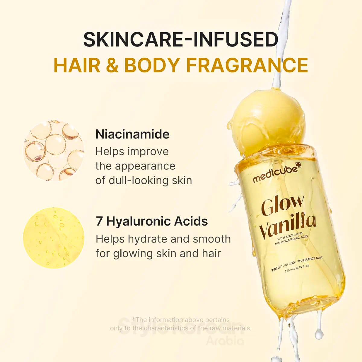 Medicube Glow Vanilla body and hair fragrance oil bottle shown on a warm cream background with marketing text about niacinamide and hyaluronic acids.