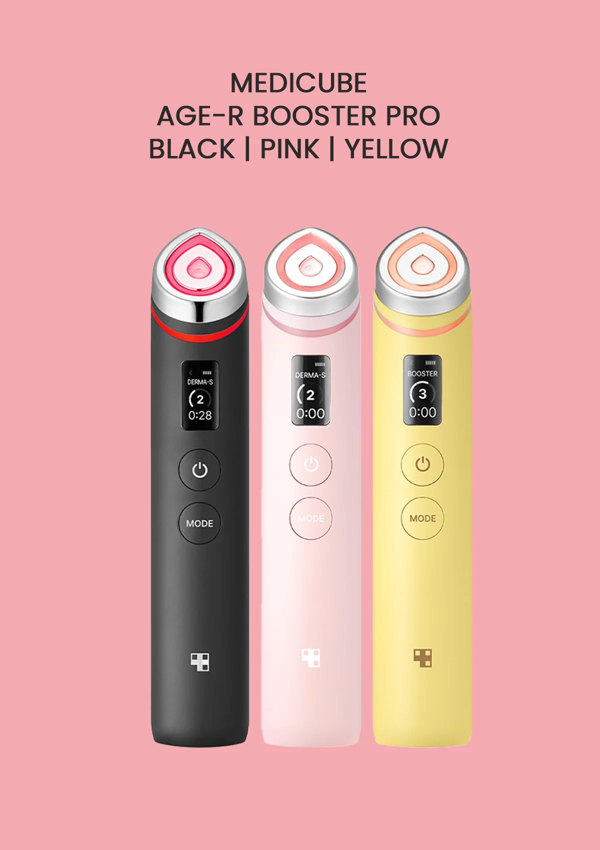 Three MEDICUBE AGE-R BOOSTER PRO devices in black, pink, and yellow color