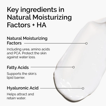 close-up of The Ordinary Natural Moisturizing Factors + HA product swatch with key ingredients