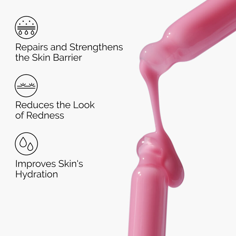 Two Soothing & Barrier Support Serum droppers covered in serum with drops dripping down.