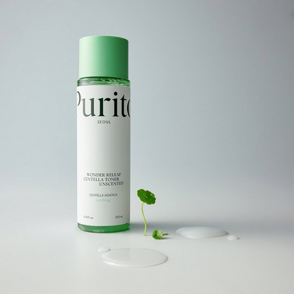 PURITO SEOUL Wonder Releaf Centella Unscented toner with product dispensed on the surface