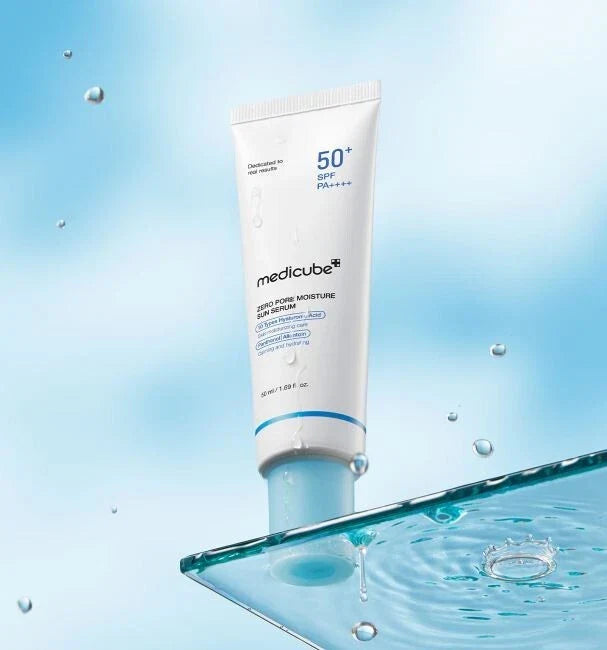 medicube zero pore moisture sun serum spf50+ pa++++ 50ml on glass surface