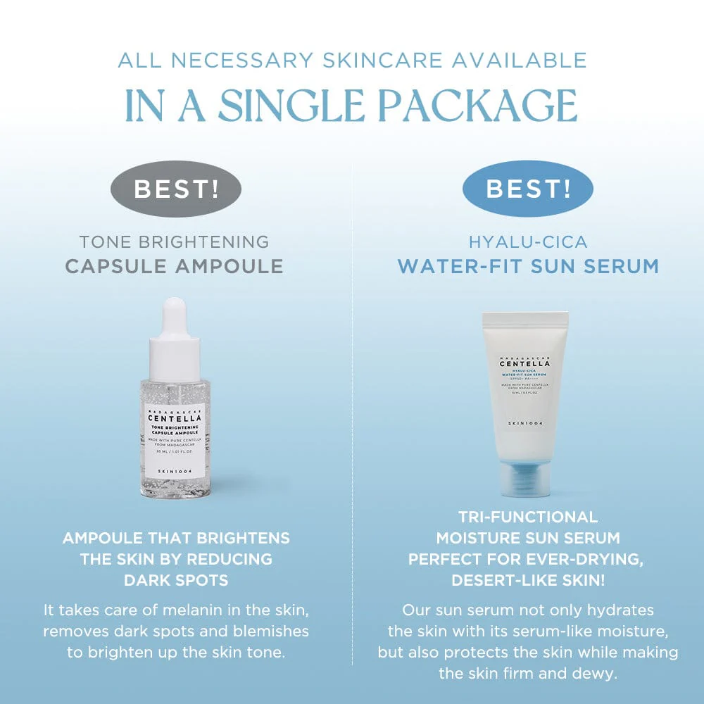 SKIN1004 tone brightening capsule ampoule and hyalu-cica water-fit sun serum