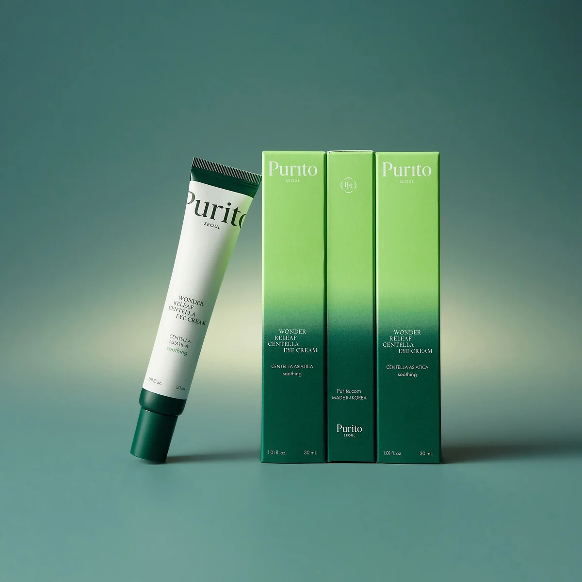 PURITO SEOUL Wonder Releaf Centella Eye Cream tube with product packagings